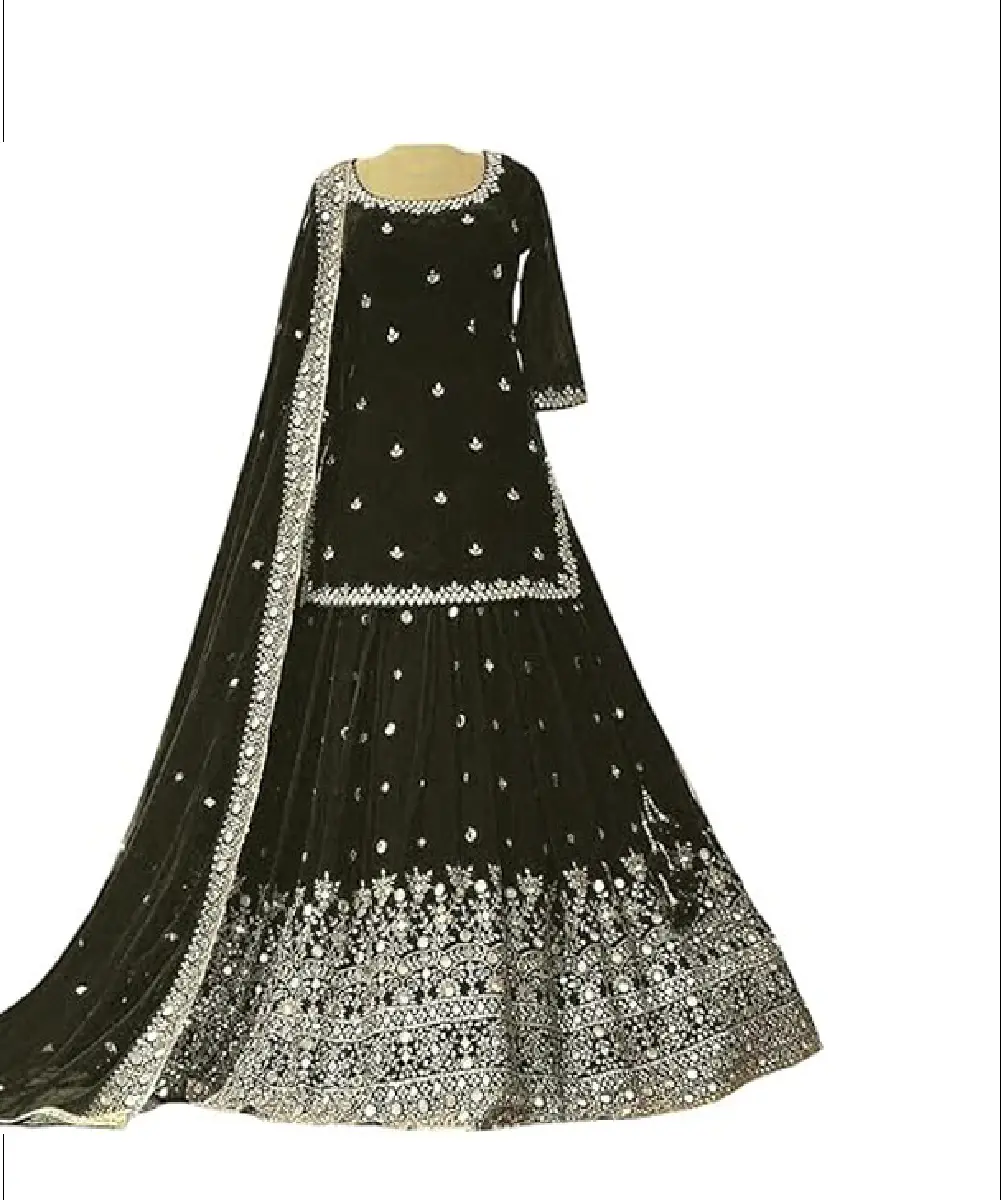 A black fully stitched georgette lehenga choli set featuring heavy embroidery, mirror work, and sequin detailing, paired with a matching dupatta.