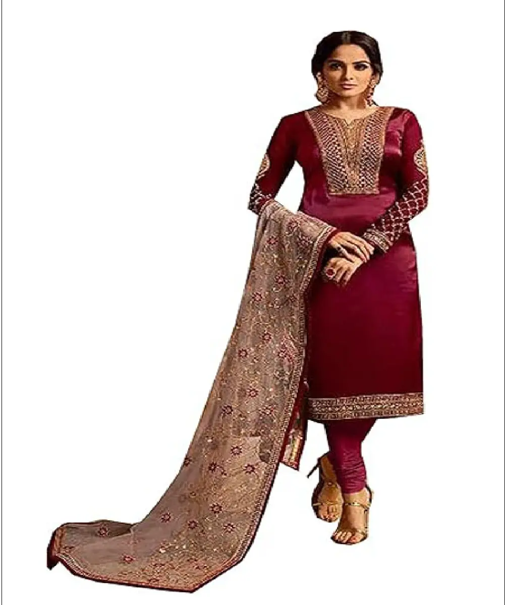 A woman wearing a navy blue georgette Anarkali-style kurta with intricate embroidery, paired with matching pants and a dupatta.