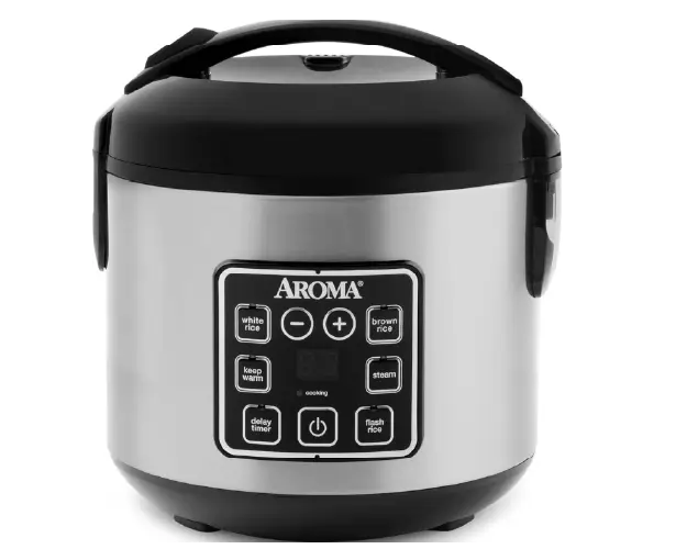 Aroma digital rice cooker with 2 to 8 cups cooked rice capacity, featuring Sensor Logic Technology, steam tray, and programmable digital controls for white rice, brown rice, and steaming.