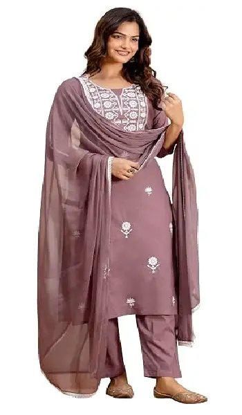 Dark peach cambric cotton straight kurta pant set with white embroidery and nazmeen chiffon dupatta