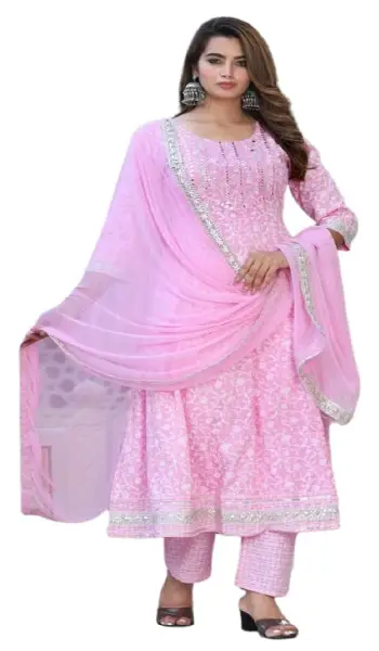 Light pink georgette readymade anarkali suit with matching pants, intricate embroidery work, and dupatta