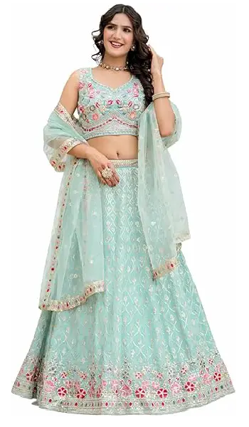Light green georgette lehenga choli set with floral embroidery, sequin work, and net dupatta