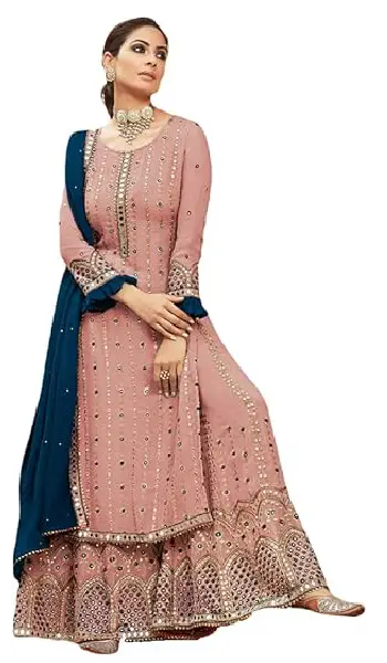 Pink georgette readymade sharara suit with embroidery work, stone detailing, and contrast blue dupatta