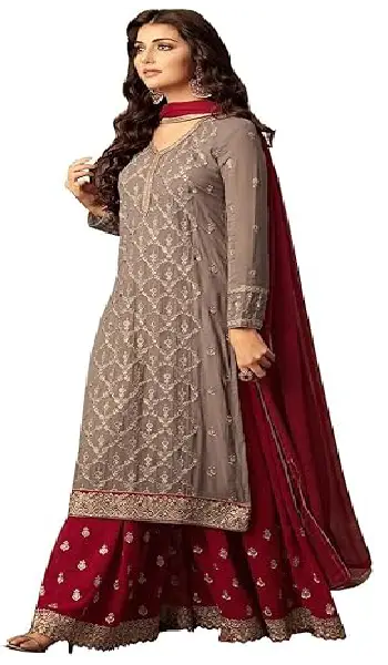 Brown and maroon 3-piece palazzo suit set with intricately patterned kurta and matching dupatta