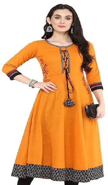 Orange cotton slub flared kurta with 3/4th sleeves, scoop neck, and black patterned hem border
