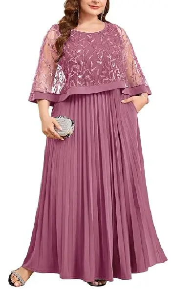 Mauve faux two-piece maxi gown with sequined overlay topper and pleated A-line skirt