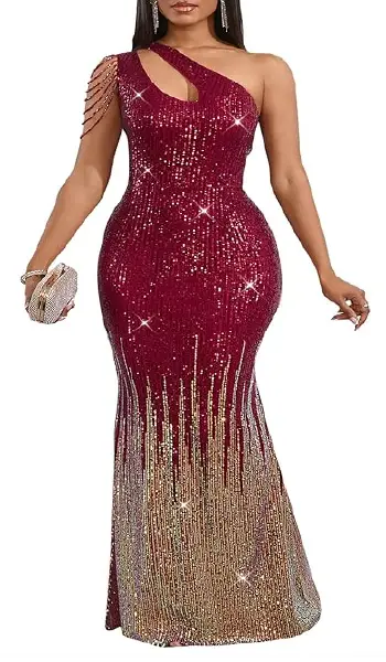 Woman wearing a burgundy and gold ombre sequin long evening dress featuring a one-shoulder neckline with a unique cutout and hanging beaded fringe on the shoulder.