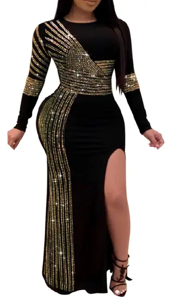 Woman wearing a black long-sleeve maxi dress decorated with asymmetric gold and silver rhinestone stripes across the bodice and down the side, featuring a high front slit.