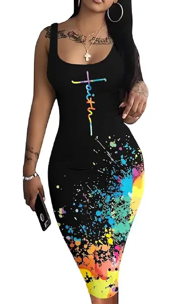 Woman wearing a black sleeveless scoop-neck bodycon tank dress featuring a colorful "faith" cross graphic on the chest and vibrant rainbow paint splatter graphics along the bottom and side.