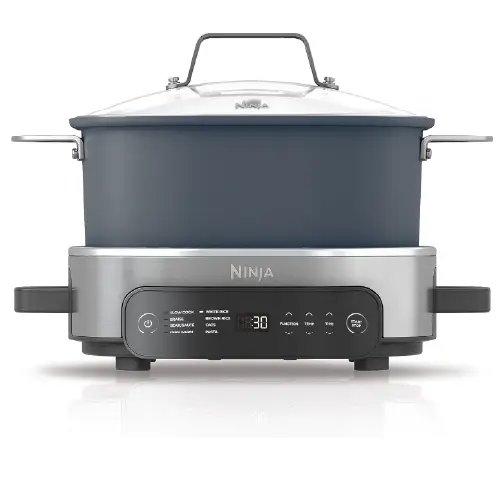 Front view of a blue and stainless steel Ninja multi-cooker featuring a digital control panel, glass lid, and handles, designed for one-pot cooking.