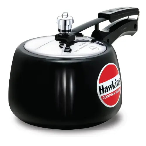 Side view of a Hawkins Contura Black hard anodised pressure cooker featuring a stainless steel lid, black handles, and a safety valve.