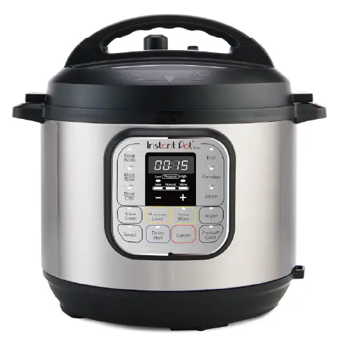 Front view of an Instant Pot Duo 7-in-1 stainless steel multi-cooker with a digital control panel, black lid, and compact handles.