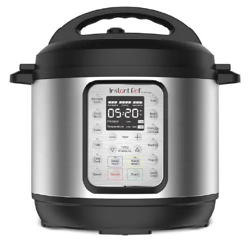Front view of an Instant Pot Duo Plus 9-in-1 stainless steel multi-cooker featuring a digital display panel, black lid, and side handles.