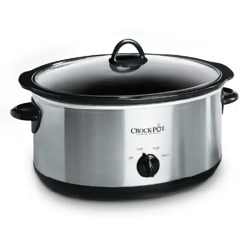 Front view of a 7-quart stainless steel Crock-Pot slow cooker with a glass lid, black handles, and a manual dial featuring Off, Low, High, and Warm settings.