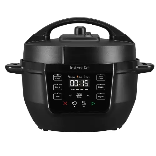 Front view of a black Instant Pot 7-in-1 multi-cooker featuring a digital control panel, secure lid handle, and compact countertop design.