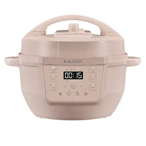 Front view of a rosewater pink Instant Pot 7-in-1 multi-cooker with a digital display panel and compact handle design.