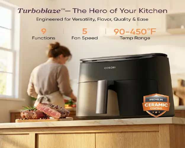 Cosori 6-quart TurboBlaze air fryer with PFAS-free ceramic basket, 5-fan speed system, and 450°F temperature control for healthier, faster cooking.