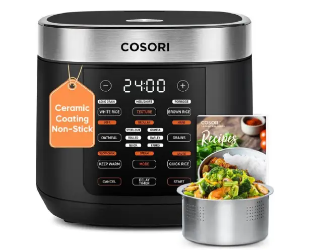 Cosori 18-function rice cooker with Fuzzy Logic technology, non-stick ceramic inner pot, and quick cooking features for perfect white and brown rice.