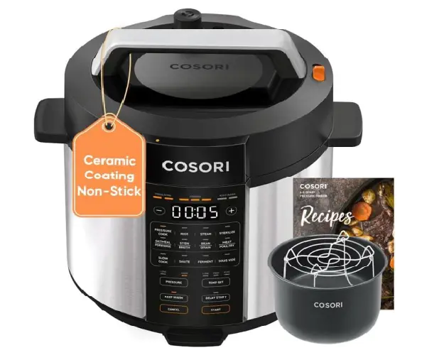 Cosori 9-in-1 multi-functional pressure cooker featuring a ceramic non-stick inner pot, safer venting design, and 12 advanced safety features for easy cooking.