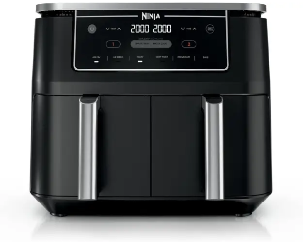Ninja XL 10-qt DualZone air fryer with 2 independent baskets, 6-in-1 functionality, and Smart Finish technology for cooking family-sized meals.