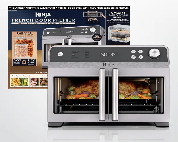 Ninja French Door Premier Air Fryer Oven with 10-in-1 versatility, 5-qt air fry basket, 450°F cyclonic air technology, and PFAS-free cooking surfaces.