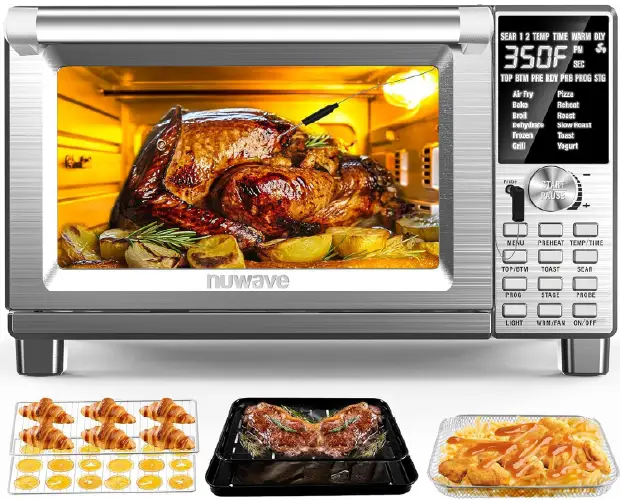 NuWave Bravo XL air fryer toaster oven with integrated digital temperature probe, 112 presets, and Linear T Technology for precise temperature control.