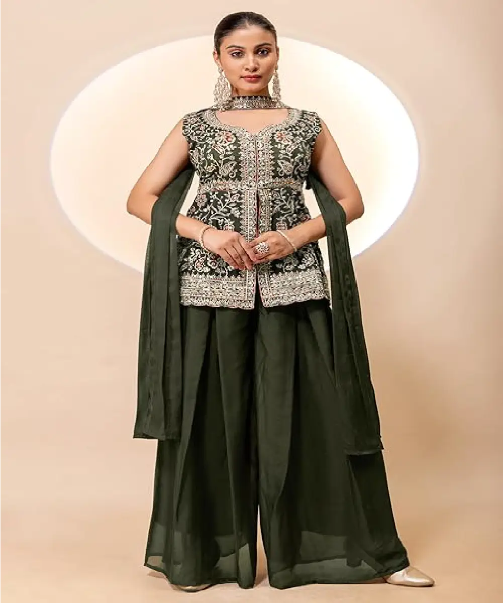 A woman wearing a sophisticated 3-piece dark green ethnic set featuring a sleeveless peplum-style embroidered kurta with a V-neckline and flowy wide-leg palazzo sharara pants.