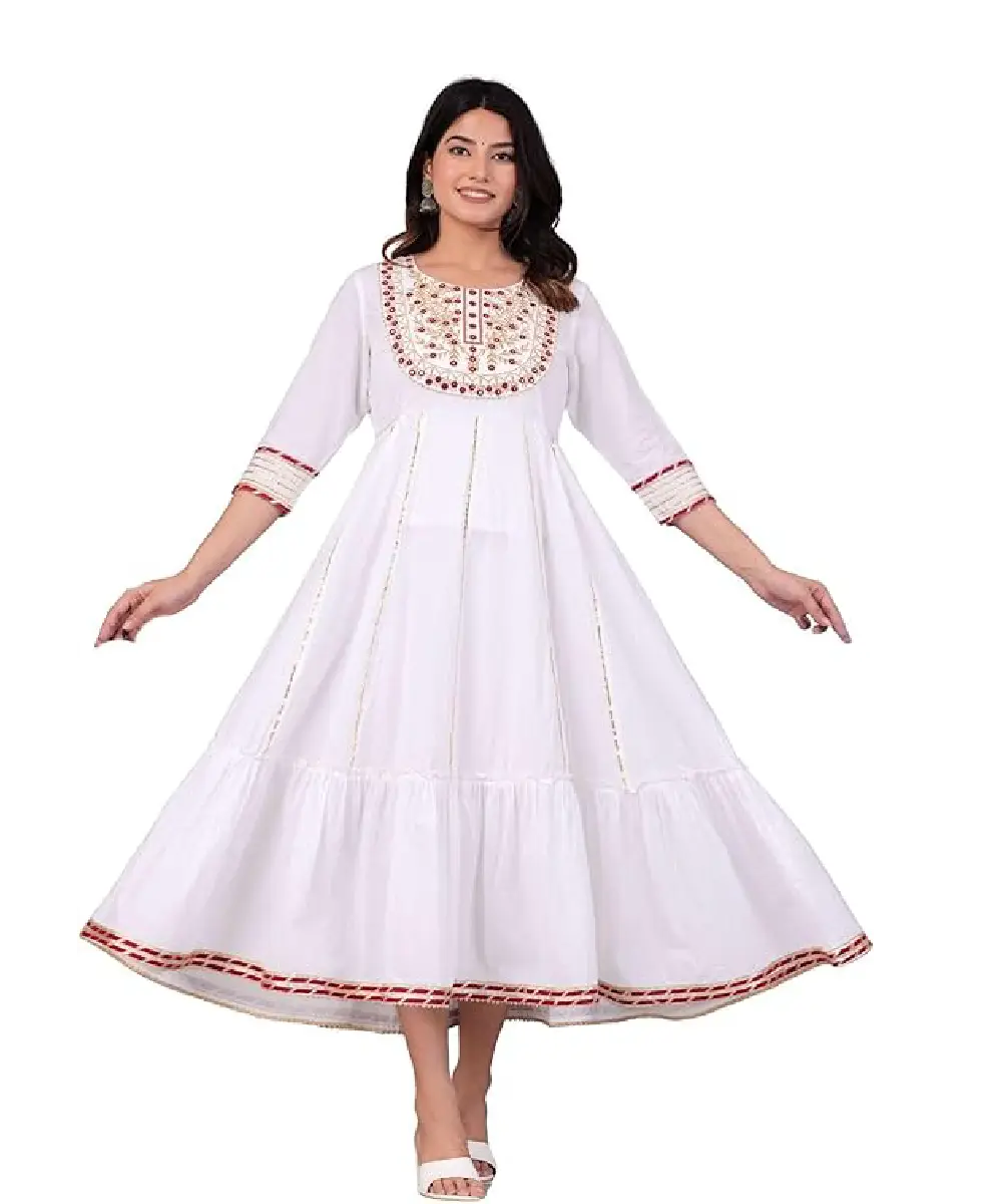 A woman wearing a vibrant teal green georgette Anarkali-style kurta with detailed embroidery, paired with matching pants and a decorative dupatta.