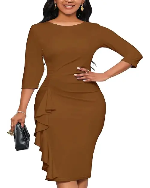 Woman wearing a rich brown three-quarter sleeve midi bodycon dress with a boat neckline and a side ruffle accent.