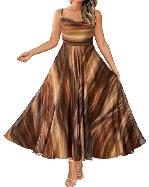 Woman wearing a brown and caramel abstract striped sleeveless maxi dress with a cowl neckline and flared skirt.