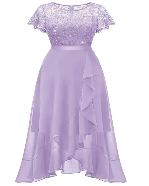 Woman wearing a pastel lavender lace bodice short sleeve high-low midi dress with asymmetric ruffles.