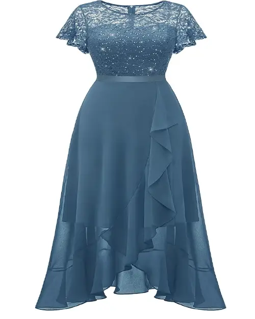 Bring soft romance to weddings and cocktail parties in this pastel lavender midi dress, designed with a sparkling sheer lace bodice and a cascading high-low ruffle hem. Keywords: lavender lace dress, high-low midi dress, short sleeve party dress, pastel cocktail gown, bridesmaid dress