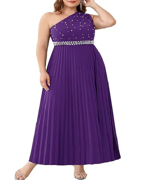 Plus-size woman wearing a purple one-shoulder pleated maxi dress embellished with pearls and a crystal belt.