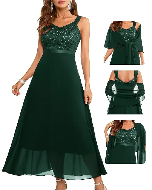 Woman wearing a dark green sequin lace bodice maxi dress with a matching sheer shawl.