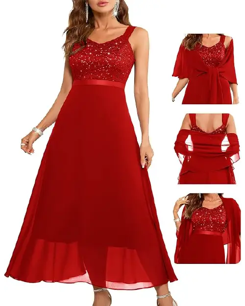 Woman wearing a ruby red sequin lace bodice evening gown paired with a matching sheer wrap.