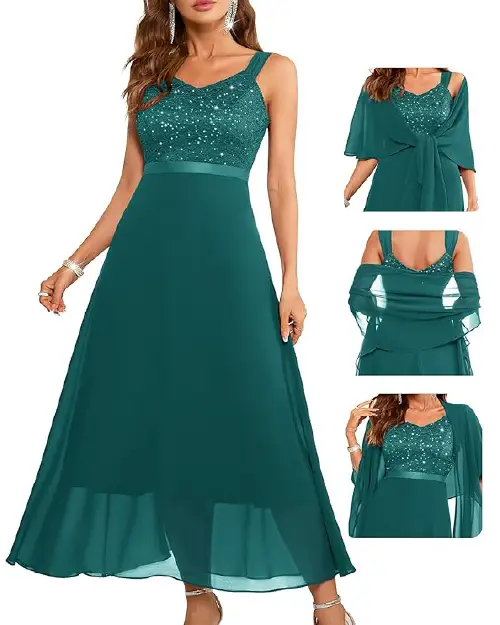 Woman wearing an emerald green sequin lace bodice long dress with a matching chiffon wrap.
