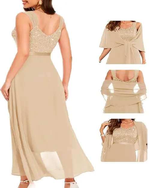Woman wearing a champagne gold sequin lace bodice evening maxi dress with a coordinating sheer wrap.