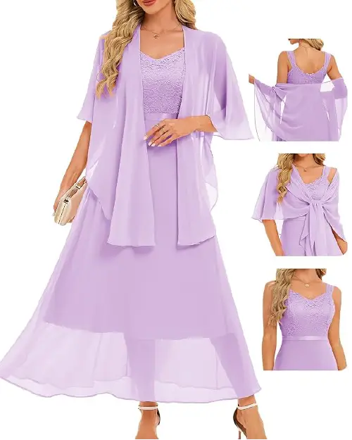 Woman wearing a pastel lavender lace bodice evening dress with a matching lightweight cape shawl.