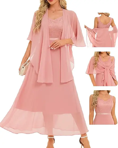 Woman wearing a dusty rose pink lace bodice evening dress paired with a matching sheer cape.