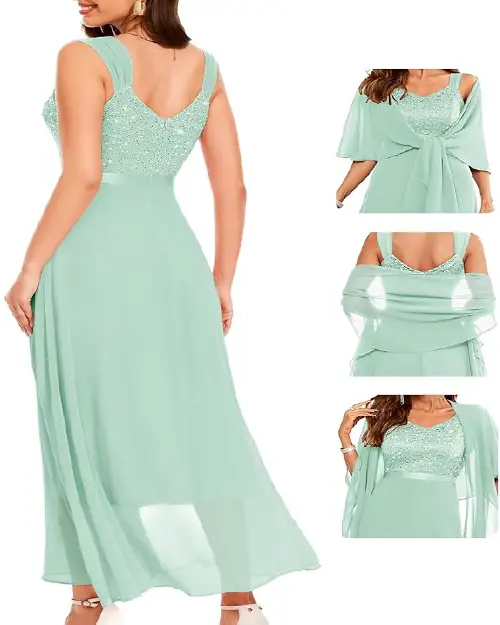 Woman wearing a mint green sequin lace bodice evening gown with a matching sheer wrap.