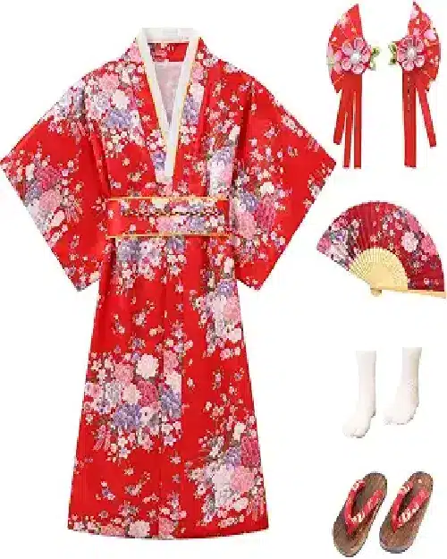 Red Japanese traditional kimono costume set featuring floral patterns, matching hair accessories, fan, tabi socks, and geta sandals.