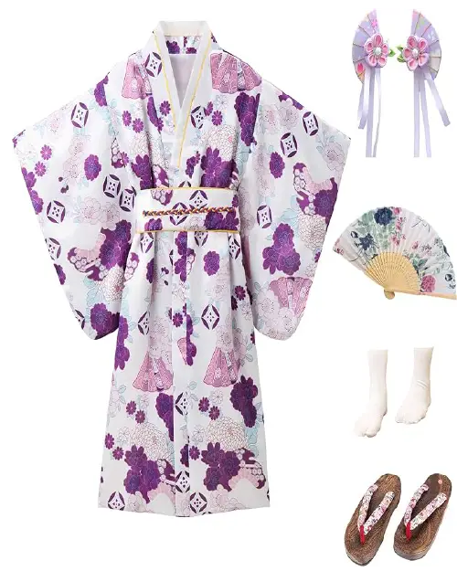 White and purple Japanese traditional kimono costume set detailed with fan motifs and floral patterns, plus matching accessories.