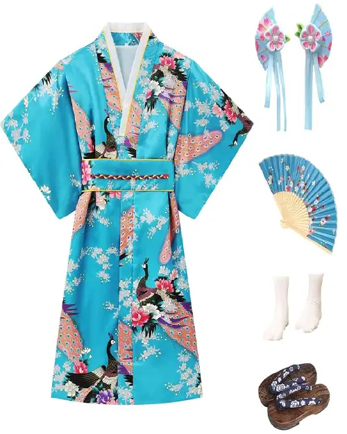 Bright turquoise blue Japanese traditional kimono costume set featuring peacock and floral prints with complete matching accessories.