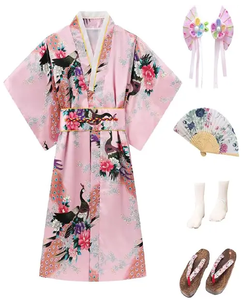 Light pink Japanese traditional kimono costume set patterned with peacocks and flowers, accompanied by matching hair clips, fan, socks, and sandals.
