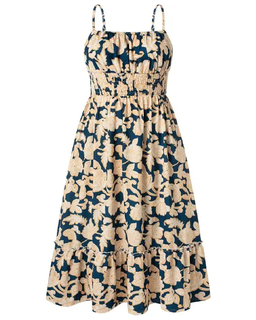 Sleeveless dark teal blue midi dress patterned with soft beige and cream floral motifs, featuring a smocked bodice.