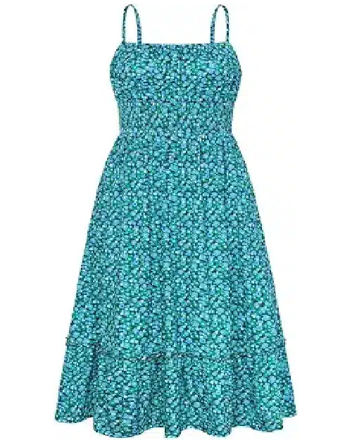 Sleeveless teal and blue micro-floral patterned midi dress featuring a smocked bodice and tiered ruffle hem.