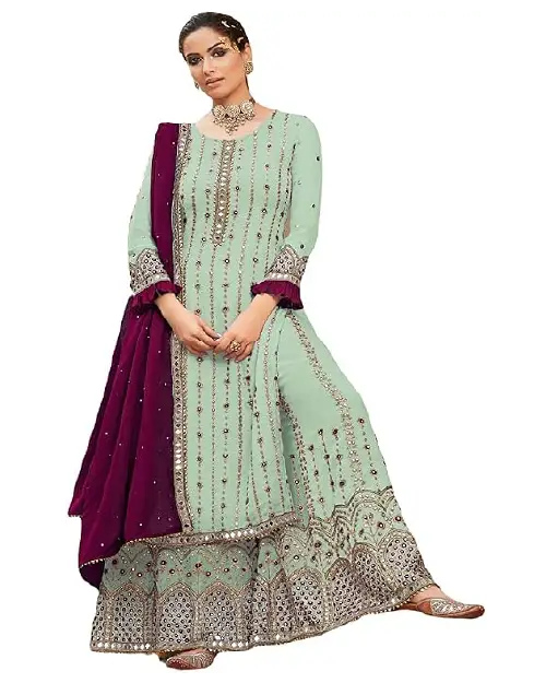 Mint green georgette sharara suit featuring heavy zari embroidery and mirror work paired with a rich purple dupatta.