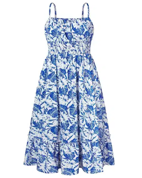 Blue and white tropical leaf print midi sundress with smocked bodice