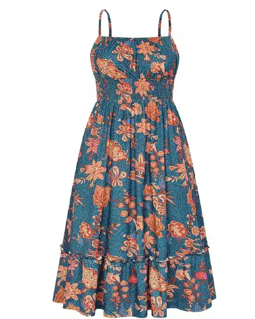 Teal and orange patterned midi sundress with smocked bodice and thin straps