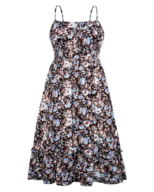 Sleeveless dark brown midi dress featuring a soft pastel blue and cream floral print, smocked bodice, and tiered ruffle hem.